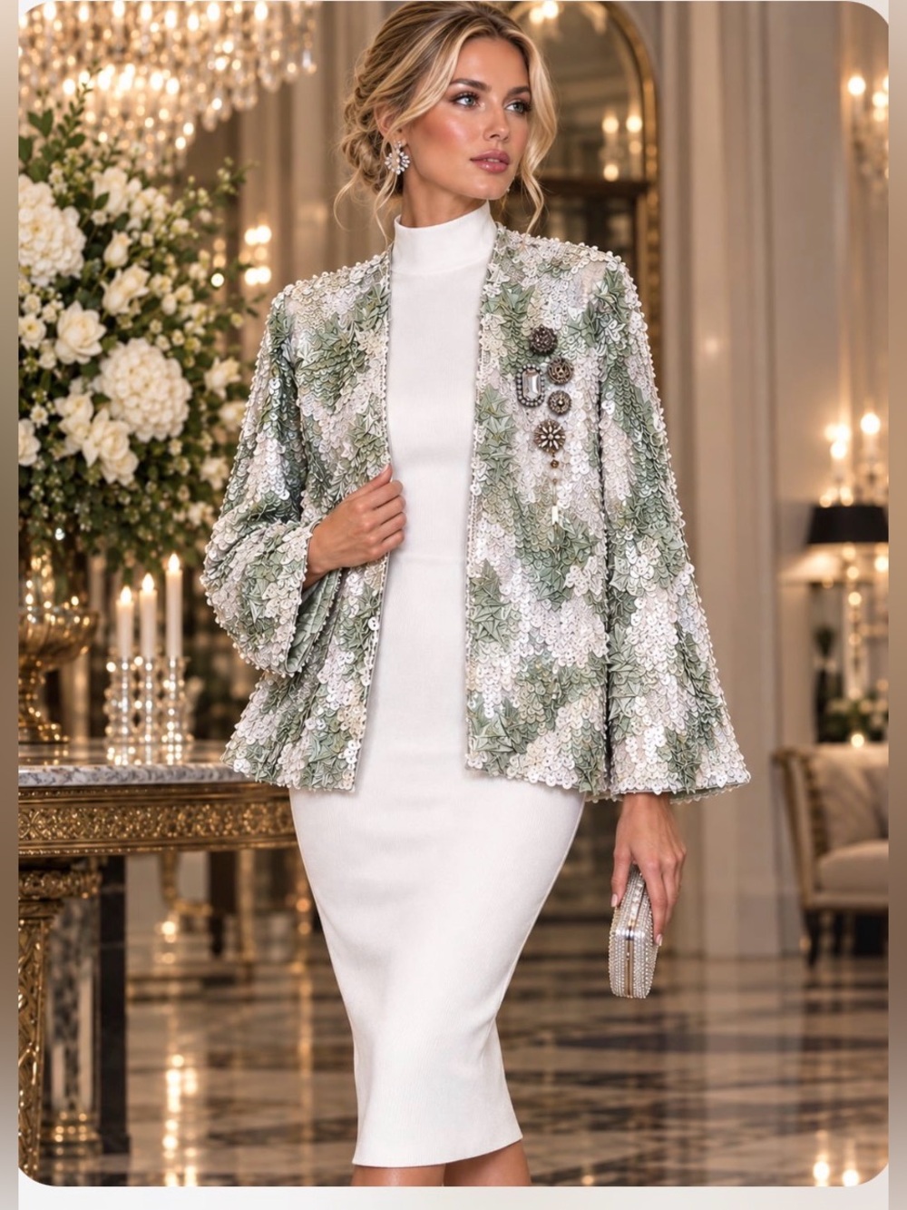 HOUSE OF HARLOW 1960 Jolie Sequins Brooches Jacket White Slate M MSRP $458 NWOT